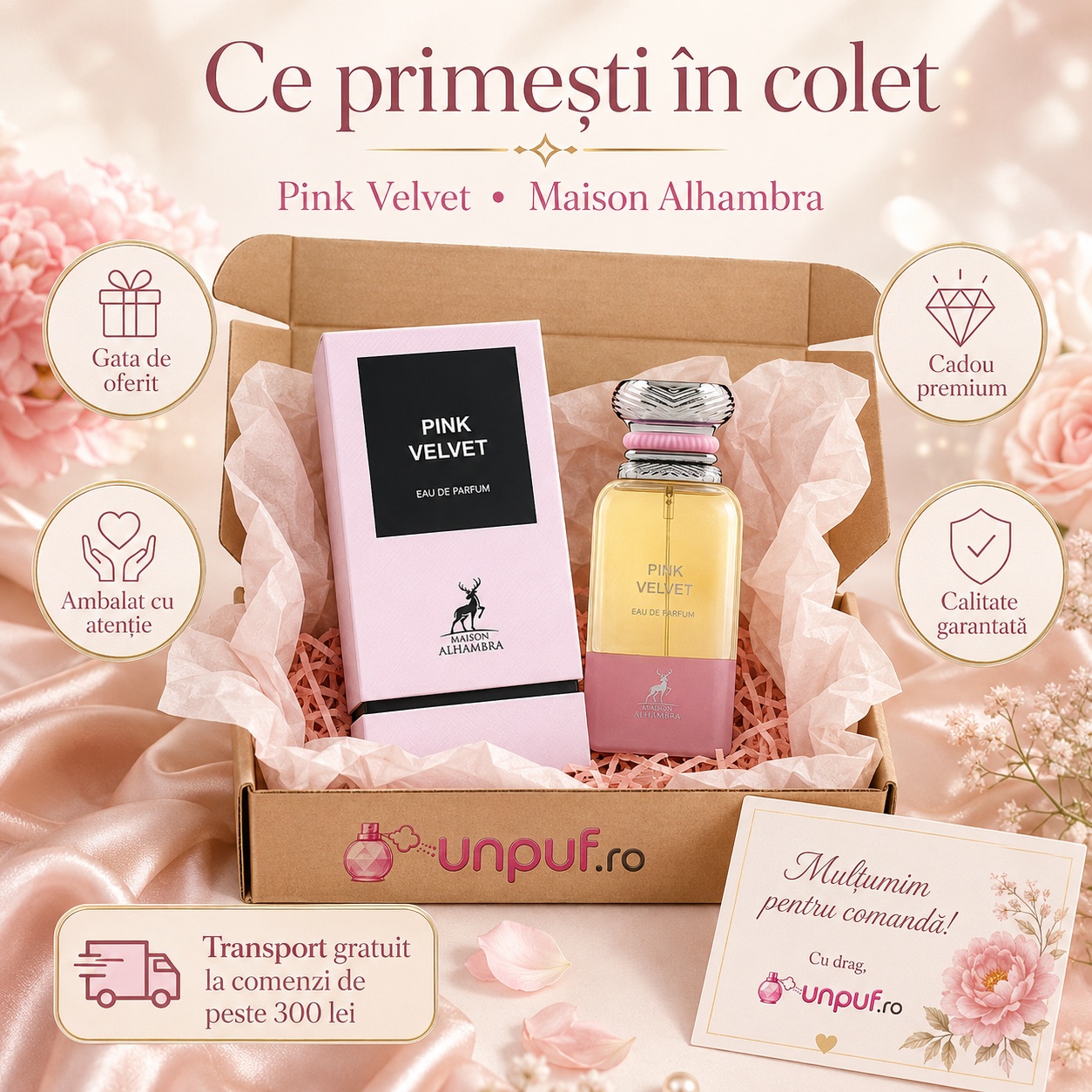 Ce primești &icirc;n colet Pink Velvet Maison Alhambra parfum arabesc unisex ambalat cu atenție de unpuf.ro