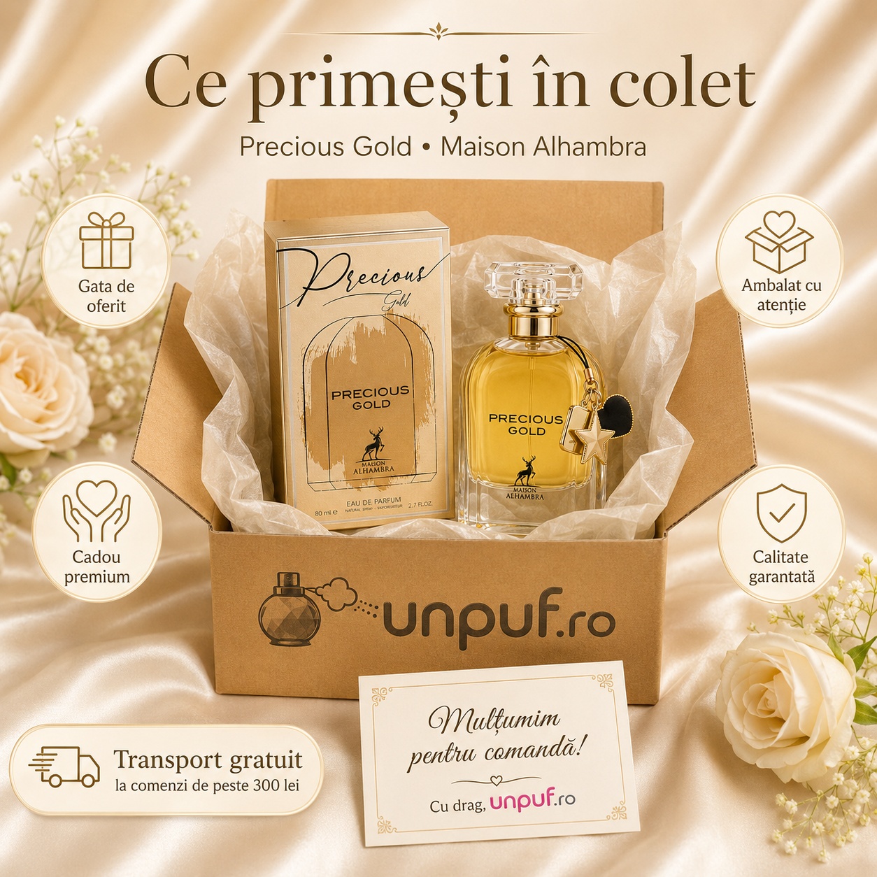 Ce primești &icirc;n colet Precious Gold Maison Alhambra parfum arabesc de damă ambalat cu atenție de unpuf.ro