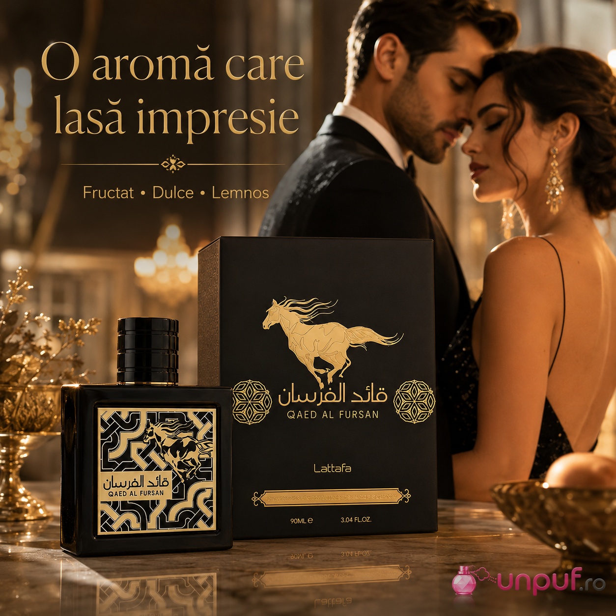 Qaed Al Fursan Lattafa parfum romantic bărbătesc fructat dulce și lemnos, o aromă care lasă impresie