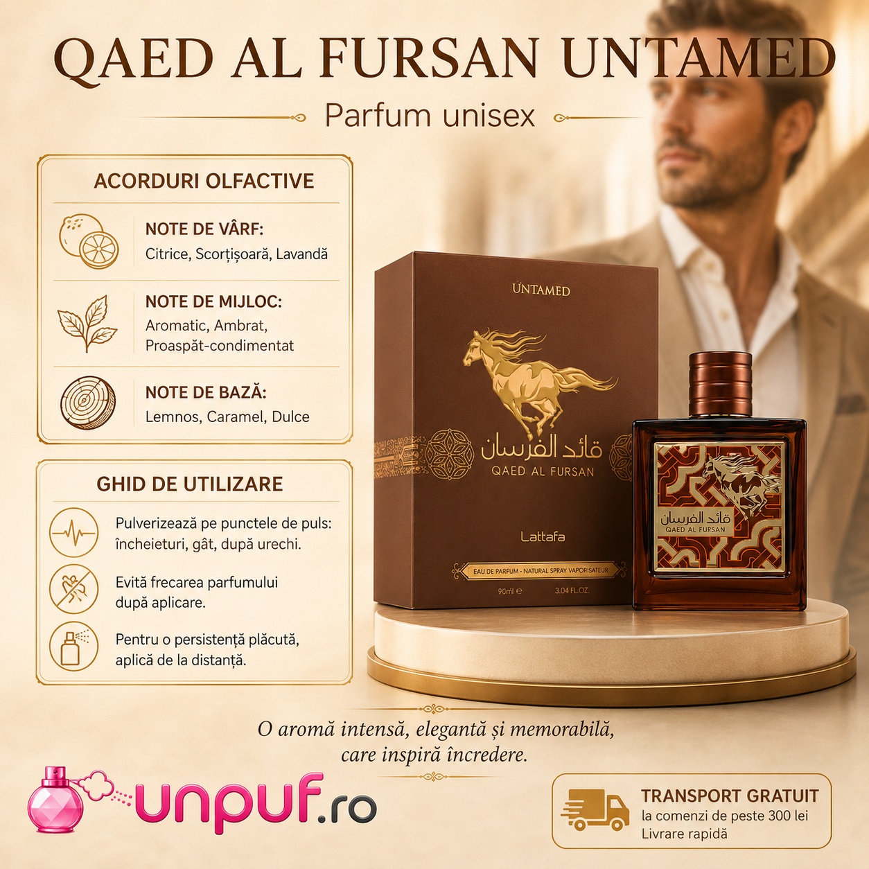 Ghid de utilizare Qaed Al Fursan Untamed Lattafa parfum cu citrice, scorțișoară, lavandă, note aromatice, ambră, caramel și note lemnoase
