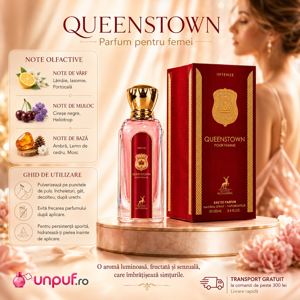 Ghid de utilizare Queenstown Intense Maison Alhambra parfum cu lăm&acirc;ie, iasomie, portocală, cireșe negre, heliotrop, ambră, lemn de cedru și mosc