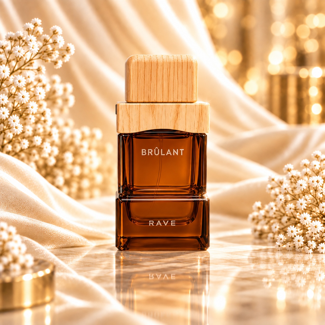 Flacon Rave Brulant 100 ml cu lichid ambrat, capac cu textură de lemn și design elegant