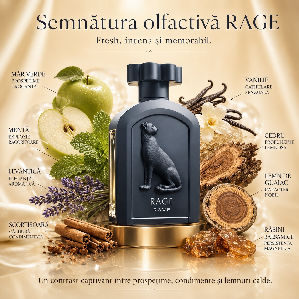 Semnătura olfactivă Rave Rage cu măr verde, mentă, lavandă, scorțișoară, vanilie, cedru, lemn de guaiac și rășini balsamice