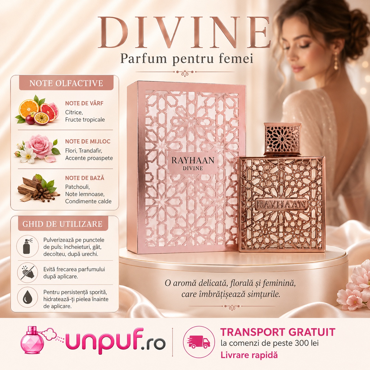 Rayhaan Divine note olfactive și ghid de utilizare cu citrice, flori, trandafir, patchouli, lemn și condimente calde