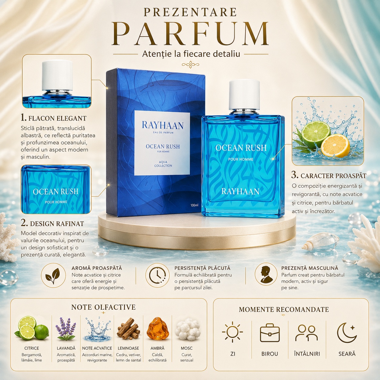 Prezentare parfum Rayhaan Ocean Rush Men cu flacon elegant, design rafinat, caracter proaspăt, note olfactive și momente recomandate