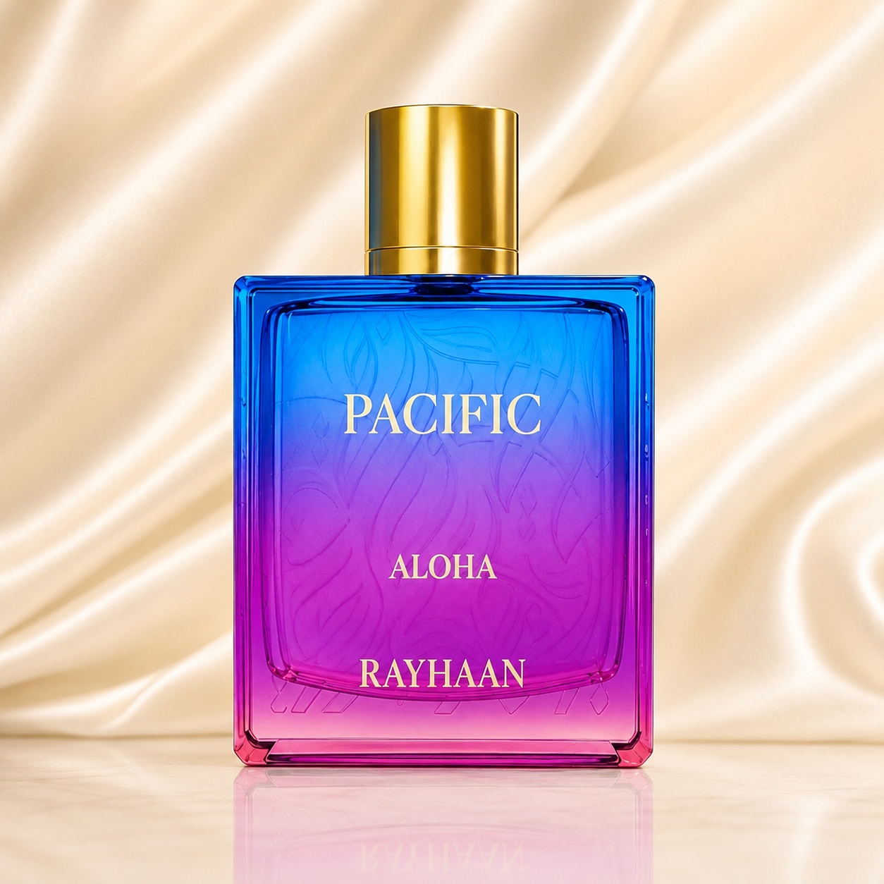 Sticlă Rayhaan Pacific Aloha cu gradient tropical albastru, violet și roz, capac auriu premium