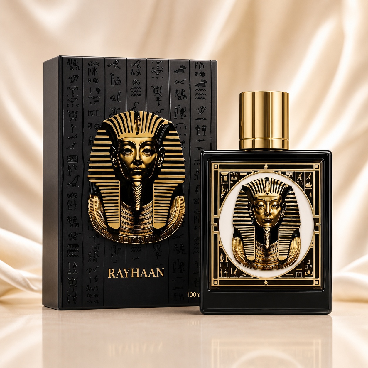 Parfum Rayhaan Pharaoh 100ml, sticlă neagră cu detalii aurii faraonice și cutie premium elegantă