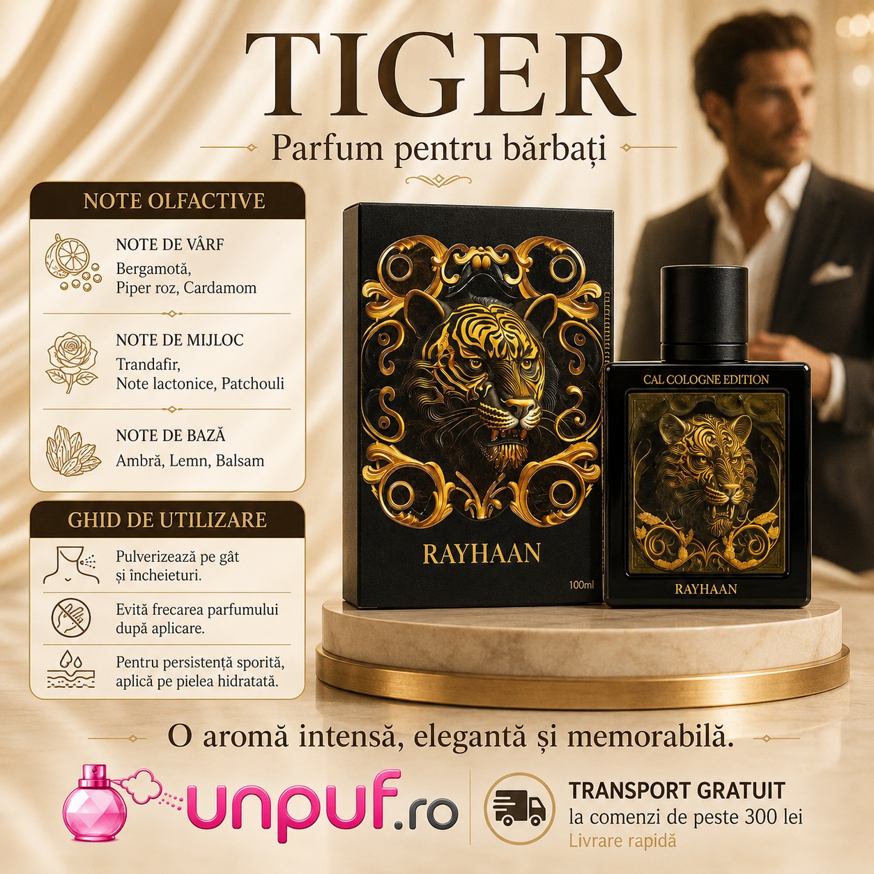 Rayhaan Tiger ghid de utilizare și note olfactive pentru parfum arabesc bărbătesc intens