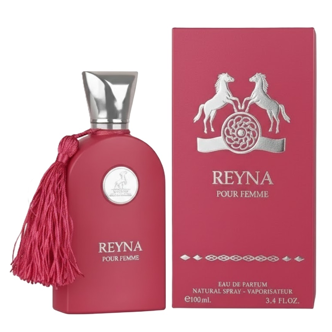 Reyna Pour Femme Maison Alhambra 100 ml sticlă și cutie produs pe fundal alb