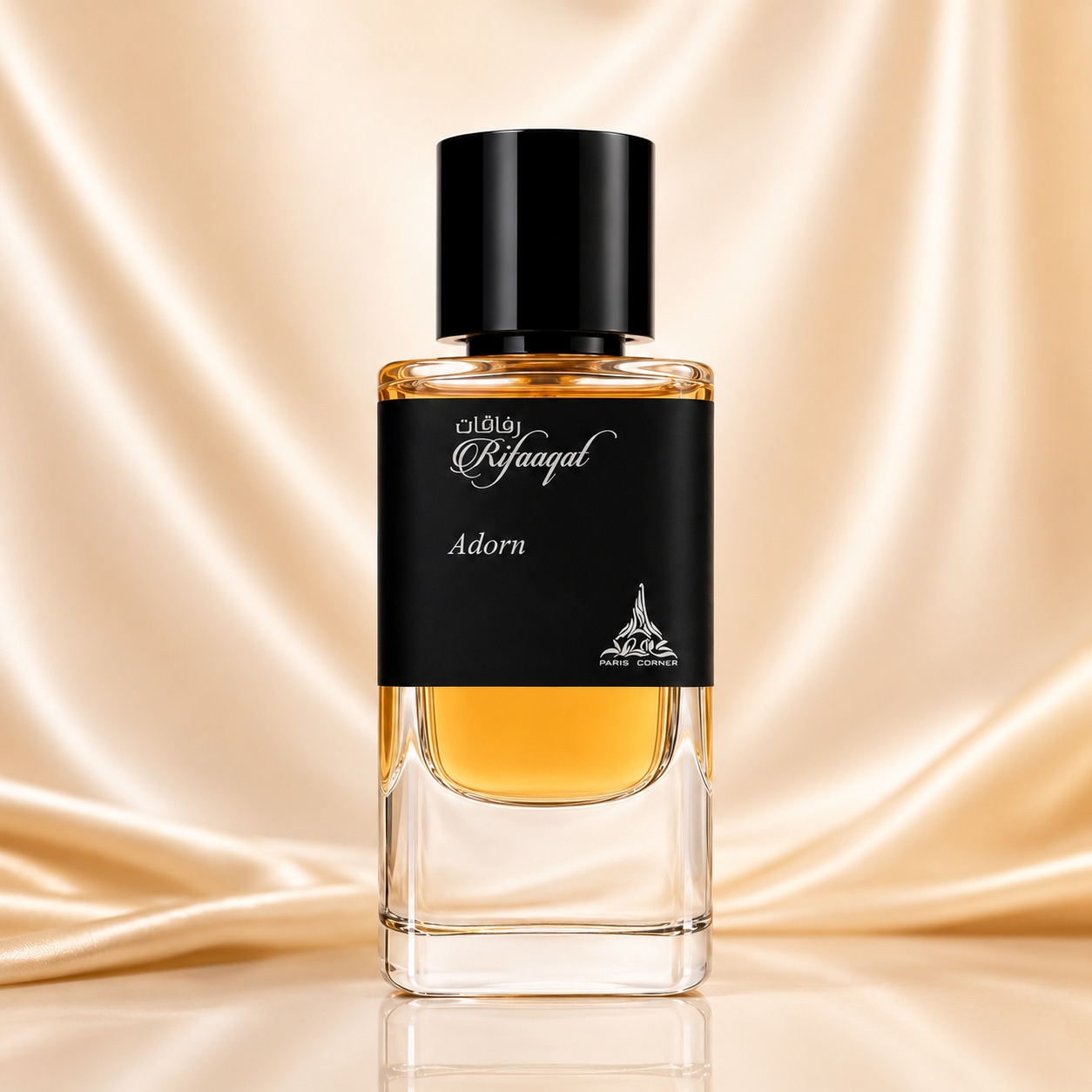 Sticlă parfum Rifaaqat Adorn Paris Corner 85 ml cu etichetă neagră și parfum ambrat