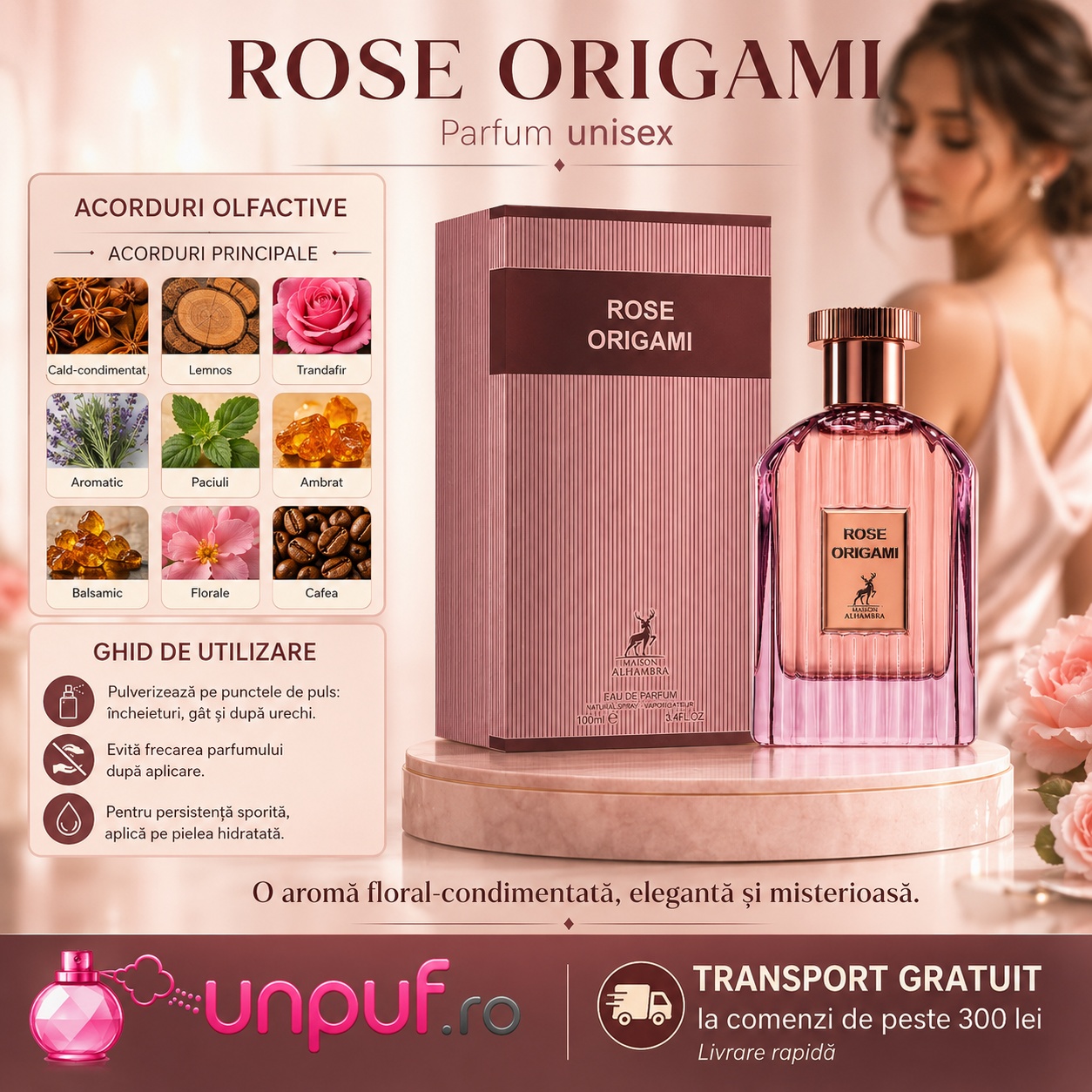 Ghid de utilizare Rose Origami Maison Alhambra parfum cu trandafir, cafea, paciuli, ambră, note balsamice și florale