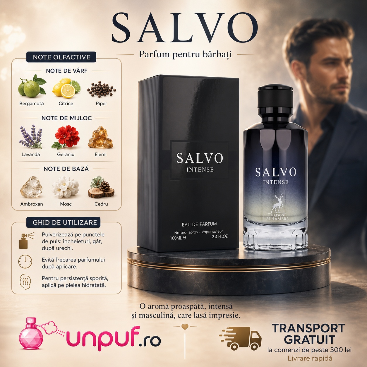 Ghid de utilizare Salvo Intense Maison Alhambra parfum cu bergamotă, citrice, piper, lavandă, geraniu, elemi, ambroxan, mosc și cedru