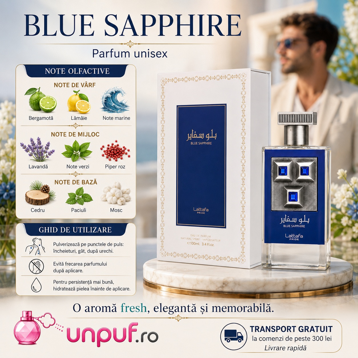Ghid de utilizare Sapphire Blue Lattafa Pride parfum cu bergamotă, lăm&acirc;ie, note marine, lavandă, note verzi, piper roz, cedru, paciuli și mosc