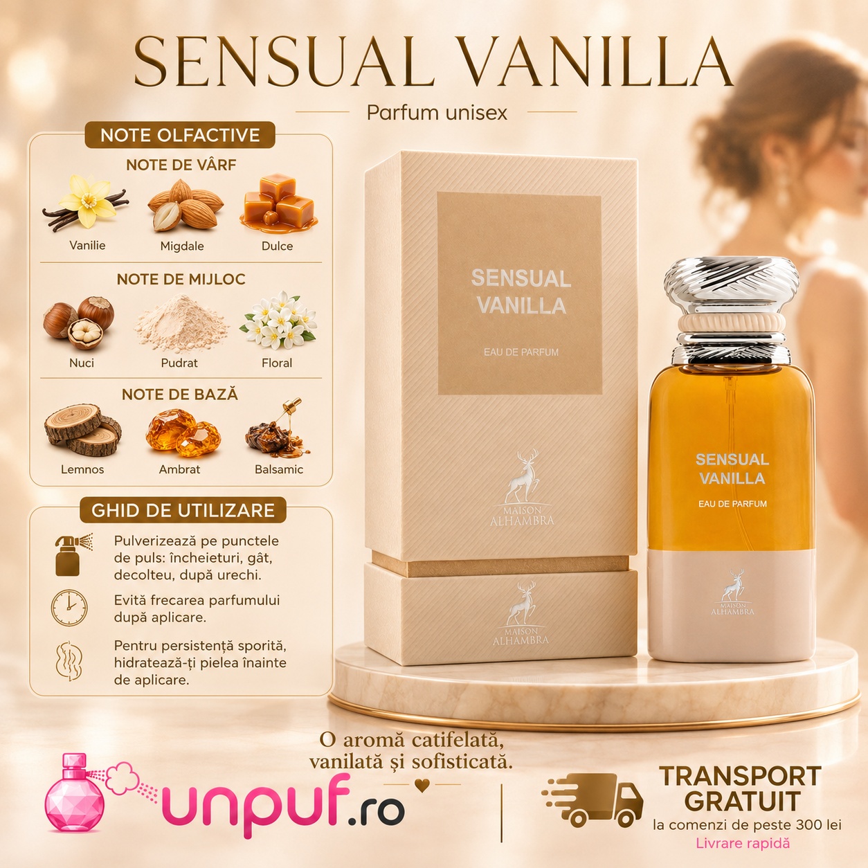Ghid de utilizare Sensual Vanilla Maison Alhambra parfum cu vanilie, migdale, tonka, note pudrate, ambrate, florale și balsamice