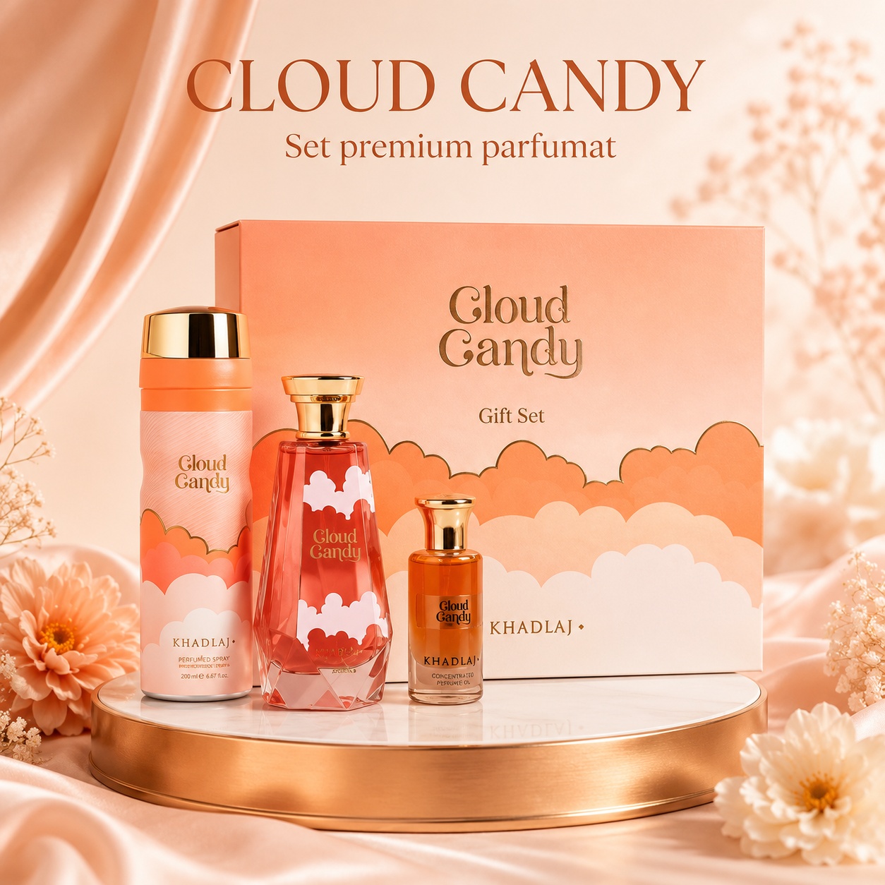 Parfum Set Cadou Khadlaj Cloud Candy pentru damă, set premium roz candy