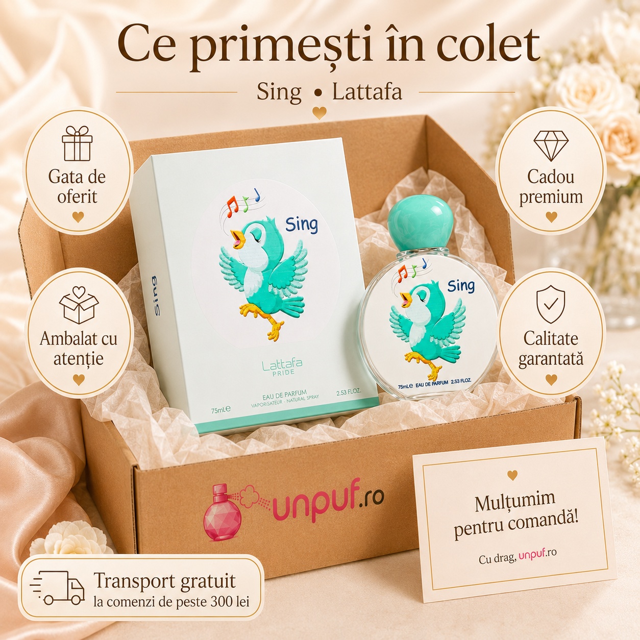 Ce primești &icirc;n colet Sing Lattafa Pride 75 ml parfum unisex ambalat cu atenție cadou premium