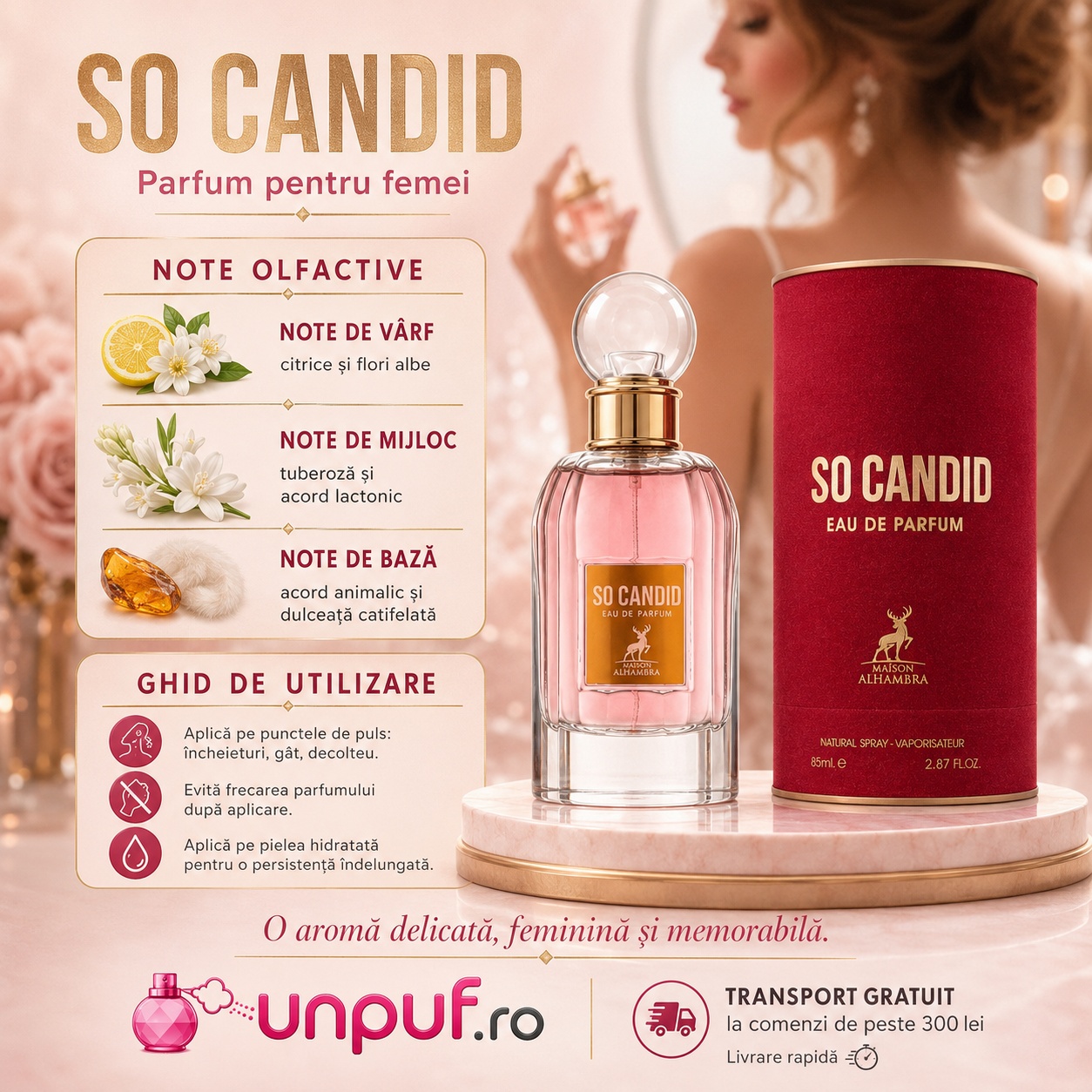 Ghid de utilizare So Candid Maison Alhambra parfum cu citrice, flori albe, tuberoză, acord lactonic și dulceață catifelată