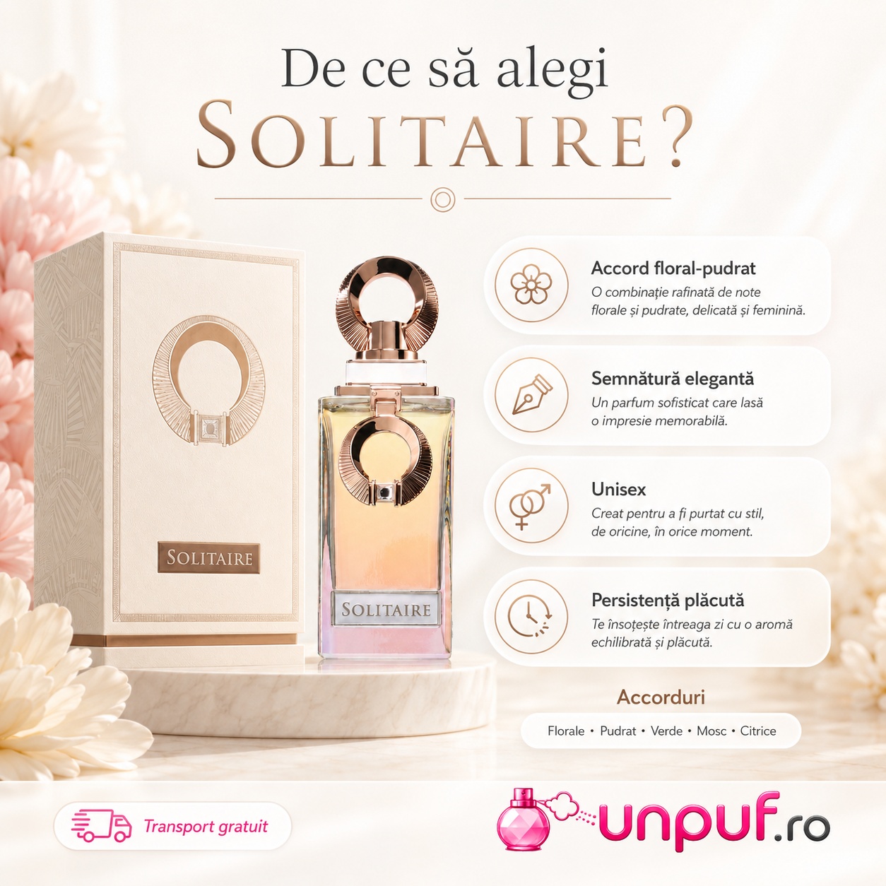 De ce să alegi Solitaire French Avenue parfum unisex cu acord floral pudrat, semnătură elegantă și persistență plăcută