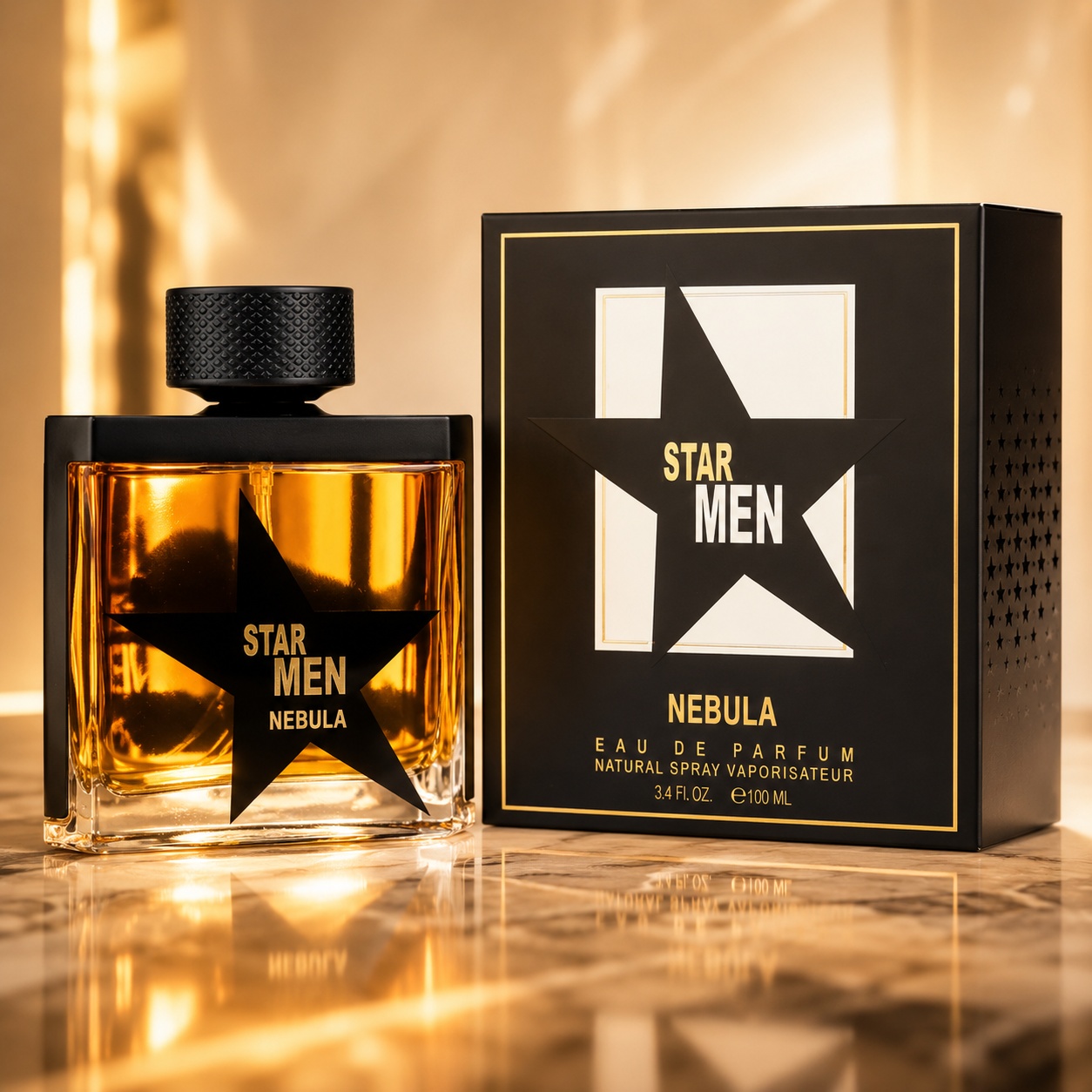 Parfum Arăbesc Star Men Nebula Fragrance World 100 ml cu flacon ambrat și cutie neagră premium