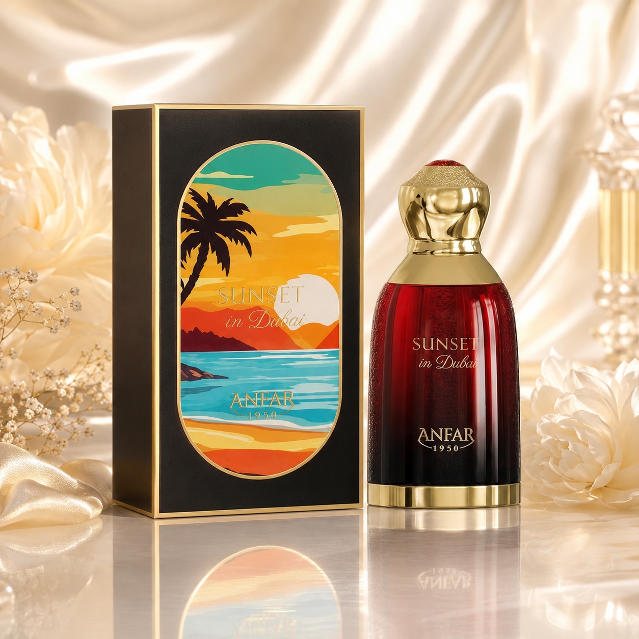 Parfum Sunset in Dubai Extrait de Parfum 100ml Anfar 1950, sticlă roșu rubin și cutie elegantă cu peisaj de apus în Dubai