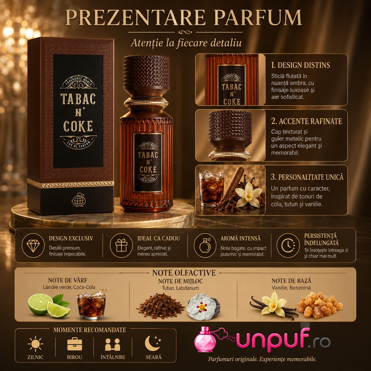 Prezentare parfum Tabac N Coke Fragrance World cu note olfactive, flacon, cutie și momente recomandate