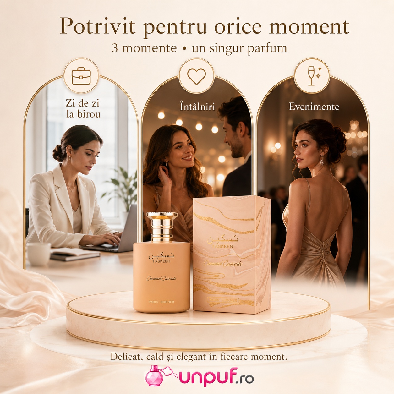 Taskeen Caramel Cascade Paris Corner potrivit pentru zi de zi la birou &icirc;nt&acirc;lniri și evenimente elegante