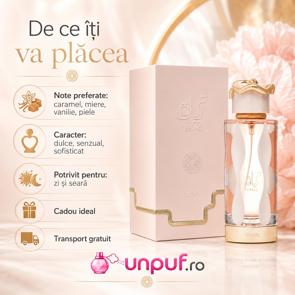 De ce ți-ar plăcea Teriaq Lattafa, note preferate caramel, miere, vanilie și piele, parfum dulce senzual sofisticat