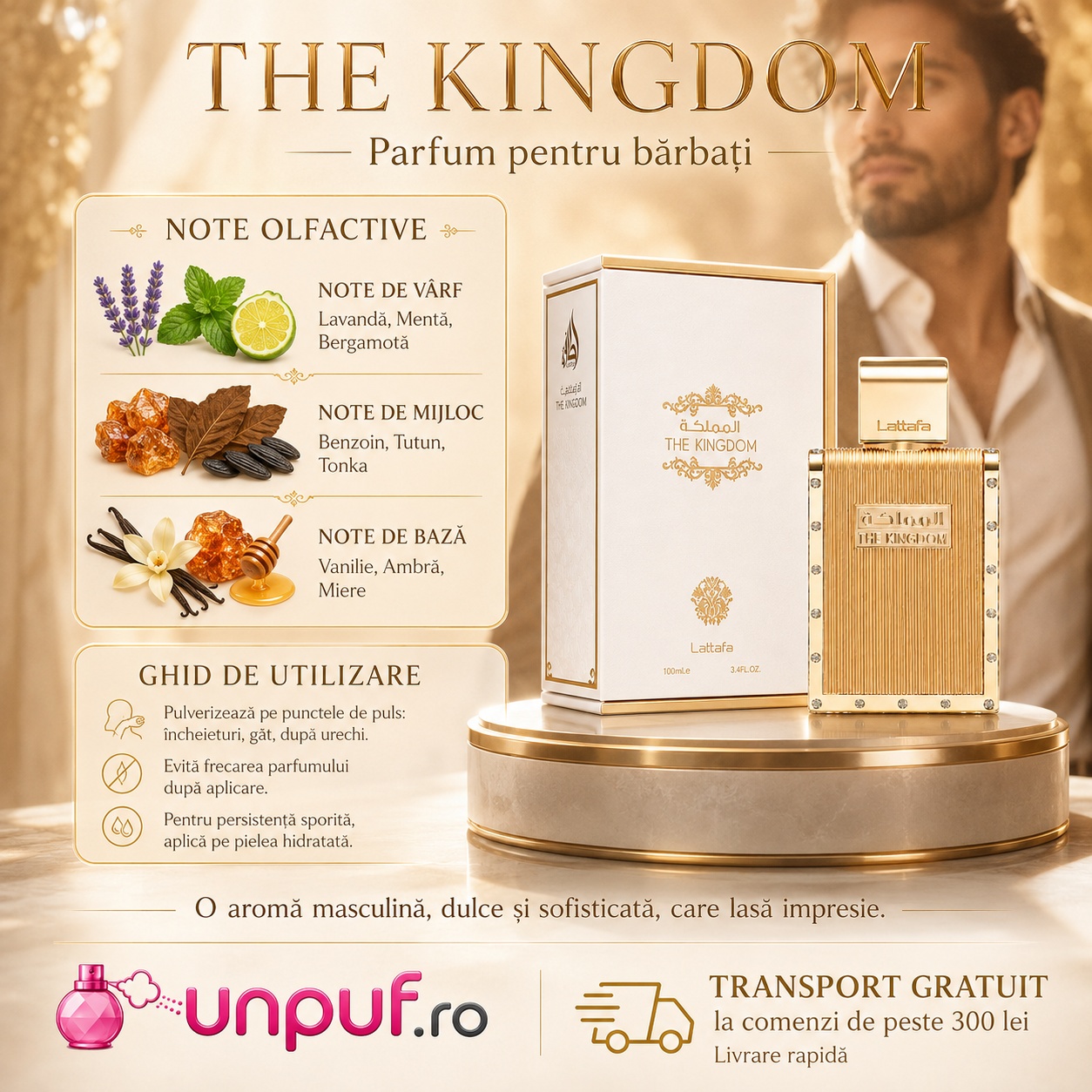 Ghid de utilizare The Kingdom Men Lattafa parfum cu lavandă, mentă, bergamotă, benzoin, tutun, tonka, vanilie, ambră și miere