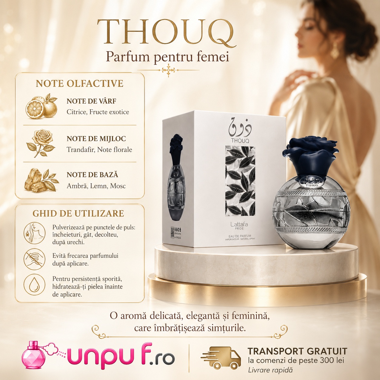 Ghid de utilizare Thouq Lattafa Pride parfum cu citrice, fructe exotice, trandafir, note florale, ambră, lemn și mosc