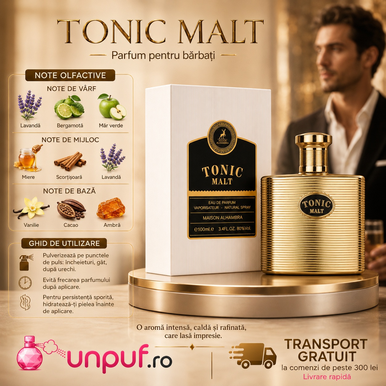 Ghid de utilizare Tonic Malt Maison Alhambra parfum cu lavandă, bergamotă, măr verde, miere, scorțișoară, vanilie, cacao și ambră