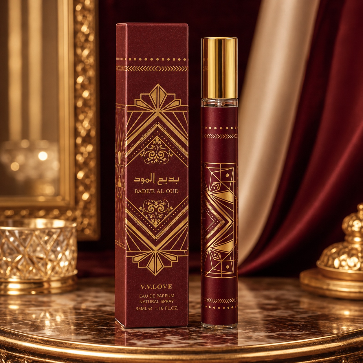 Badee Al Oud V.V. Love parfum unisex 35 ml sticlă elegantă burgundy cu detalii aurii