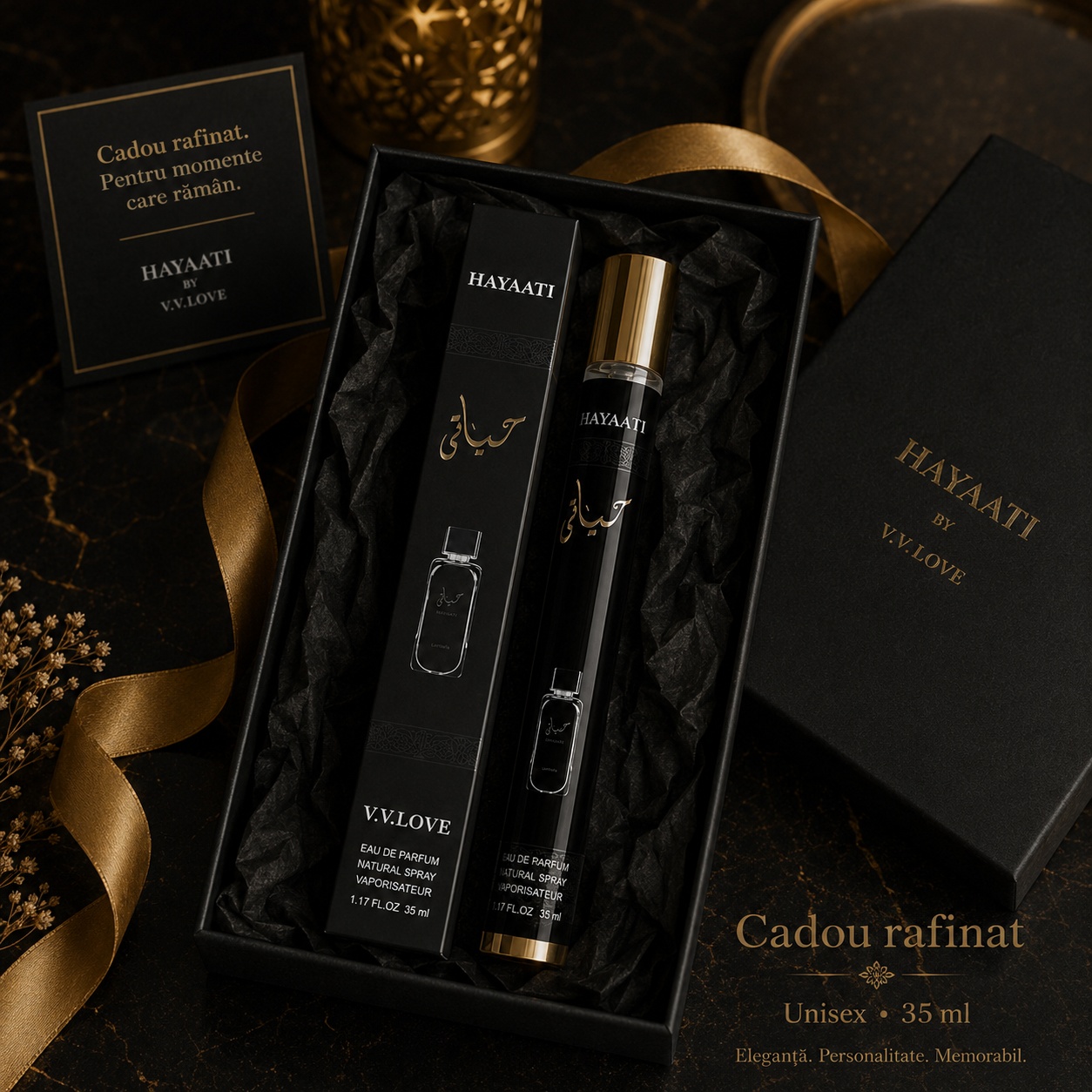 Parfum Hayaati 35 ml cadou rafinat unisex cu ambalaj negru și auriu