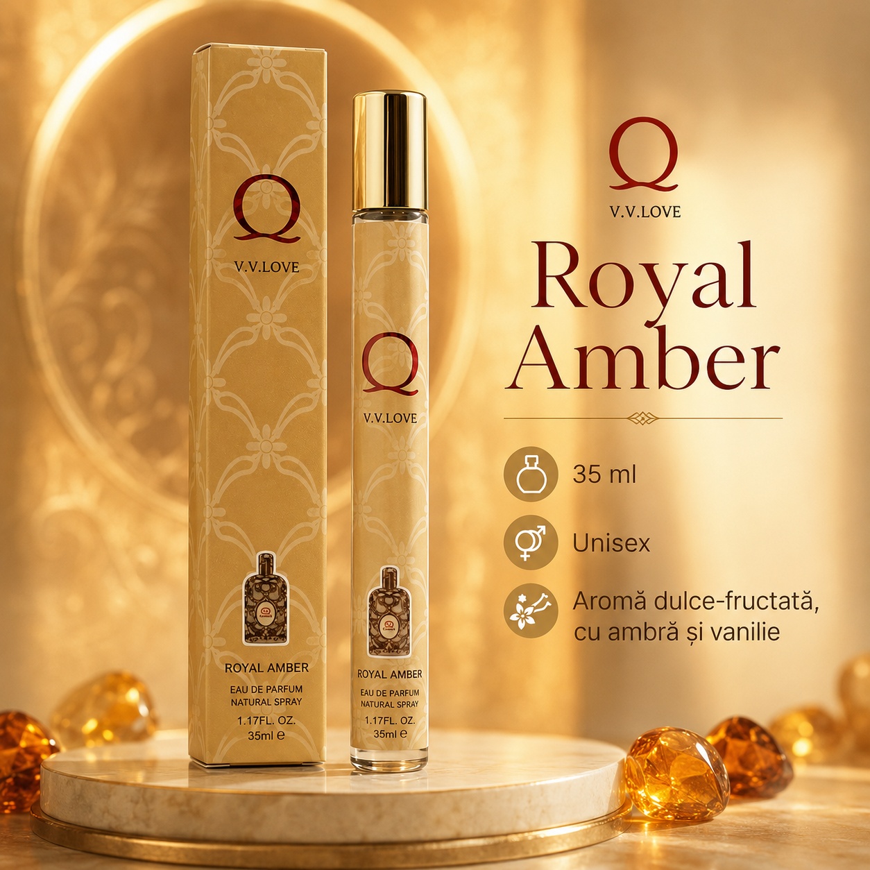 Royal Amber V.V. Love 35 ml parfum unisex cu aromă dulce fructată ambrată moscată și vanilată