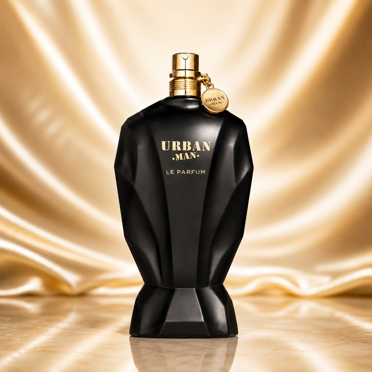 Flacon Urban Man Le Parfum Fragrance World 90 ml Apă de Parfum pentru bărbați cu design negru mat și detalii aurii