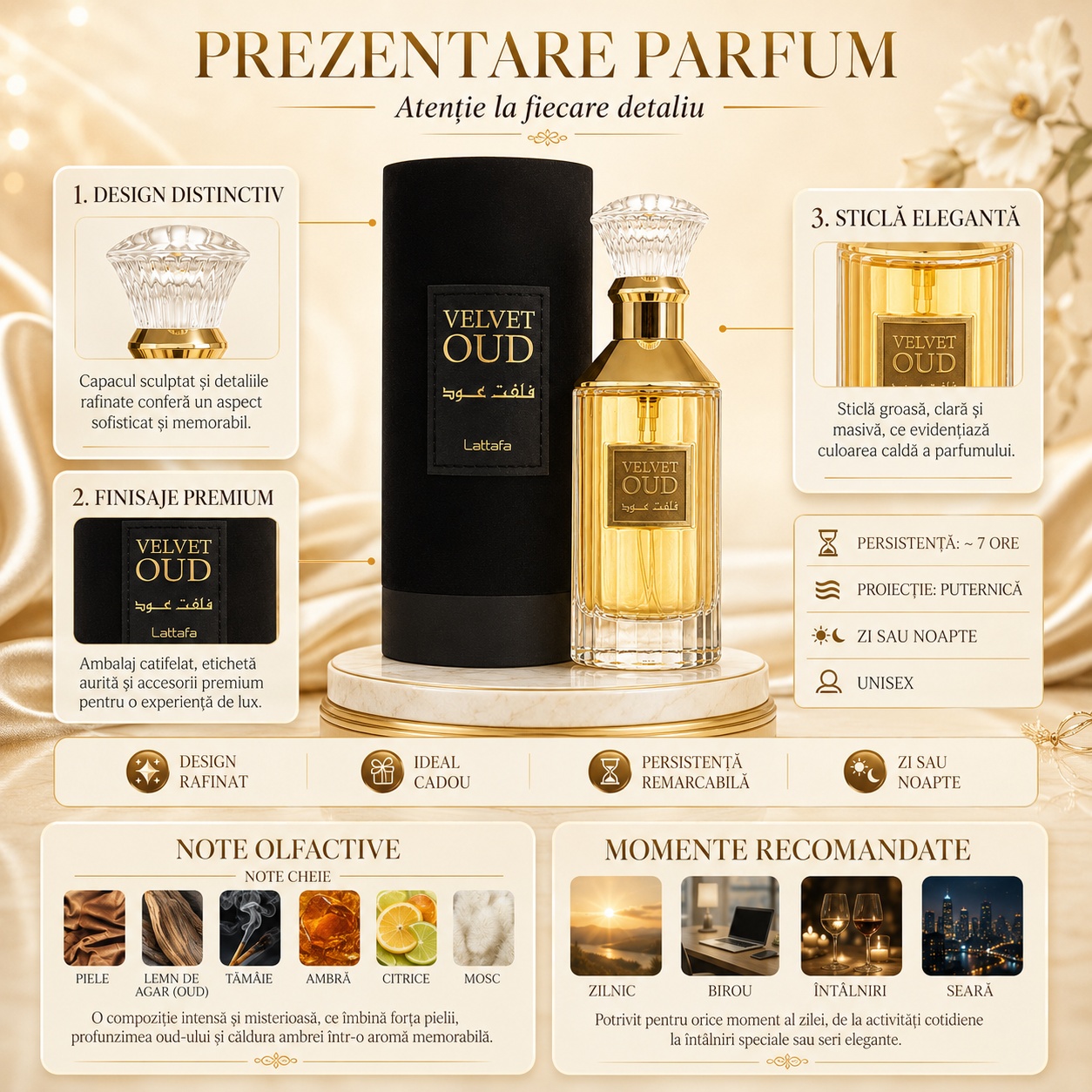 Prezentare parfum Velvet Oud Lattafa cu note olfactive piele lemn de agar oud tăm&acirc;ie ambră citrice și mosc