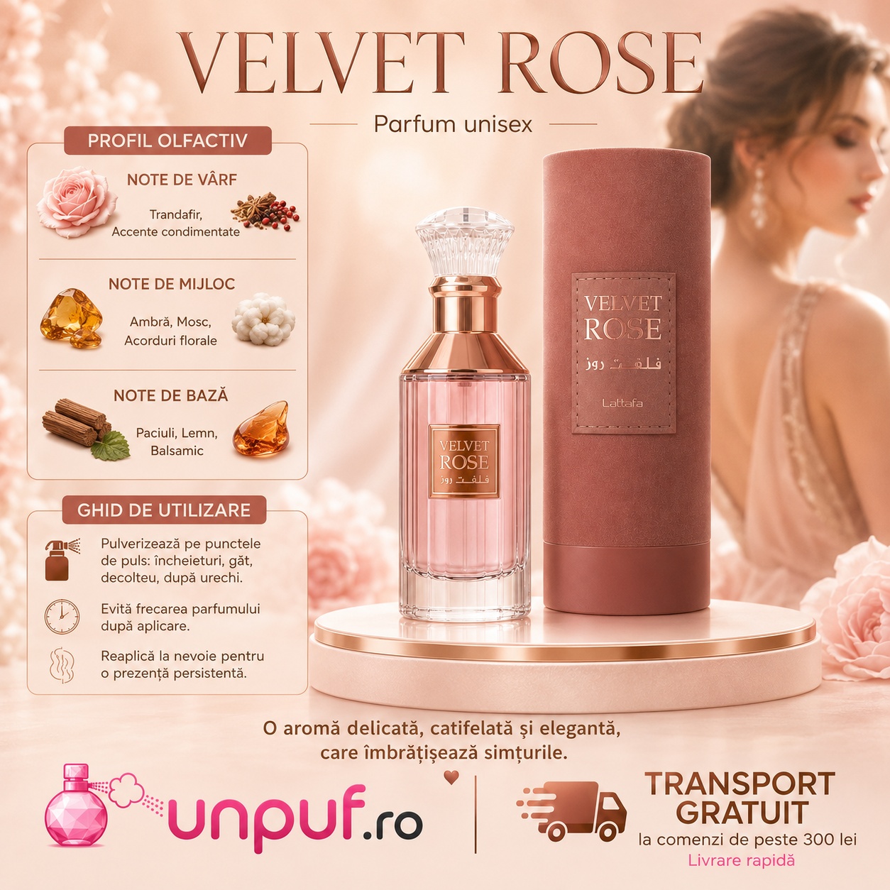 Ghid de utilizare Velvet Rose Lattafa parfum cu trandafir, ambră, mosc, paciuli, lemn și acorduri balsamice
