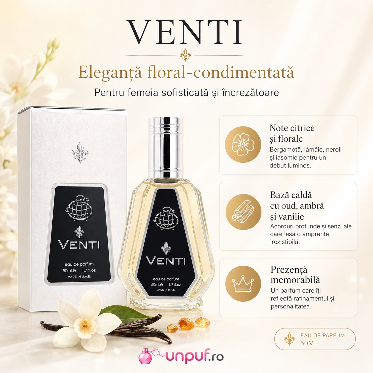 Venti Fragrance World parfum inspirat din Aventus Creed cu eleganță floral condimentată și bază caldă