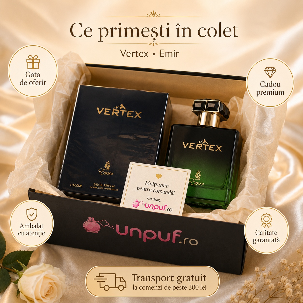 Ce primești în colet Vertex Emir, parfum original ambalat cu atenție și cadou premium