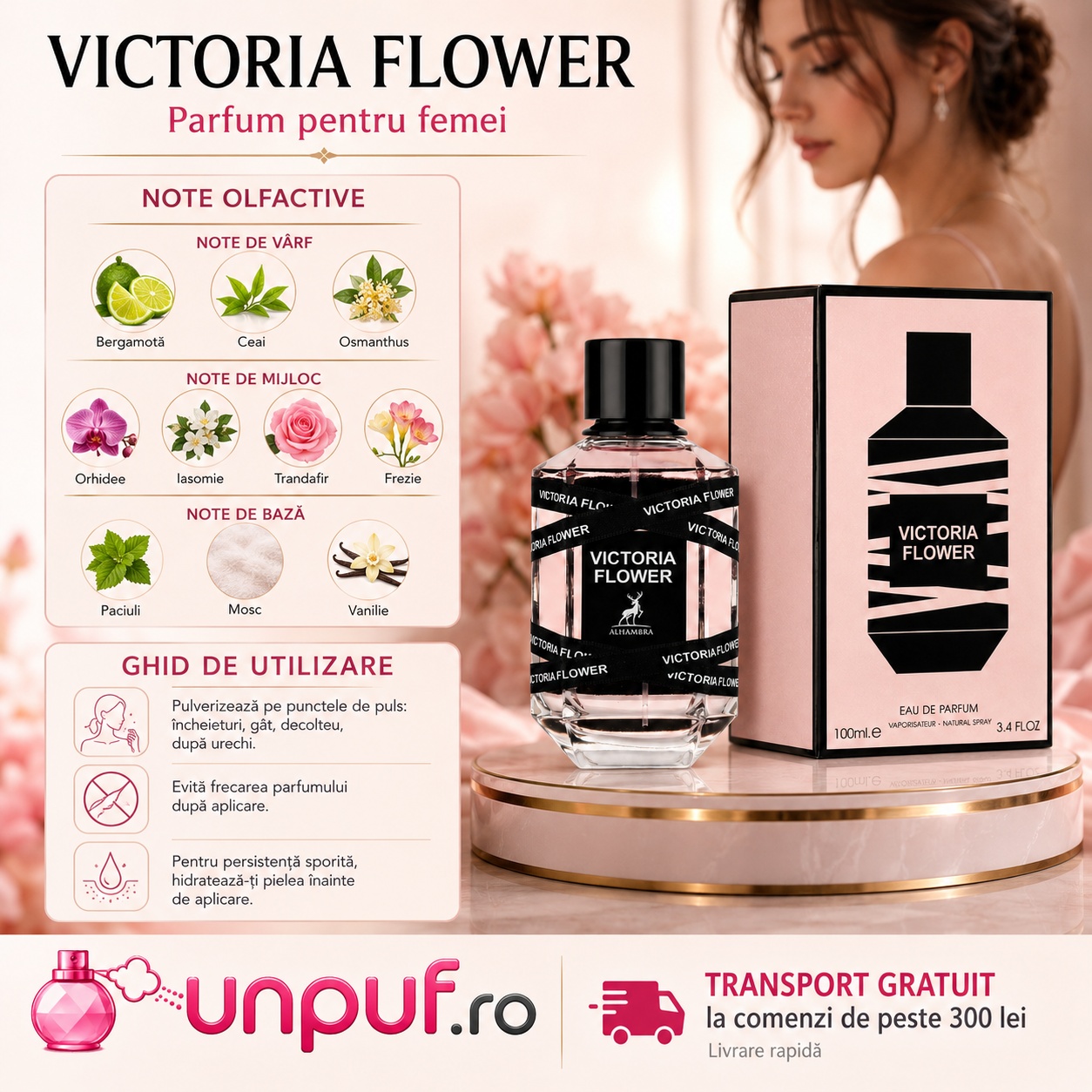 Ghid de utilizare Victoria Flower Maison Alhambra parfum cu bergamotă, ceai, osmanthus, orhidee, iasomie, trandafir, frezie, paciuli, mosc și vanilie