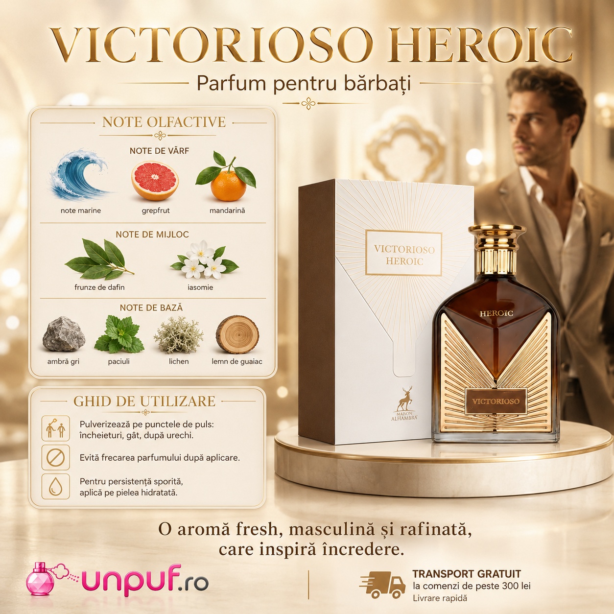 Ghid de utilizare Victorioso Heroic Maison Alhambra parfum cu note marine, grepfrut, mandarină, dafin, iasomie, ambergris, guaiac, lichen și paciuli