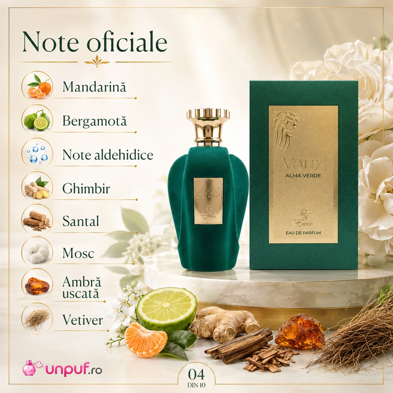 Voux Alma Verde Emir prezentare note oficiale mandarină bergamotă note aldehidice ghimbir santal mosc ambră și vetiver