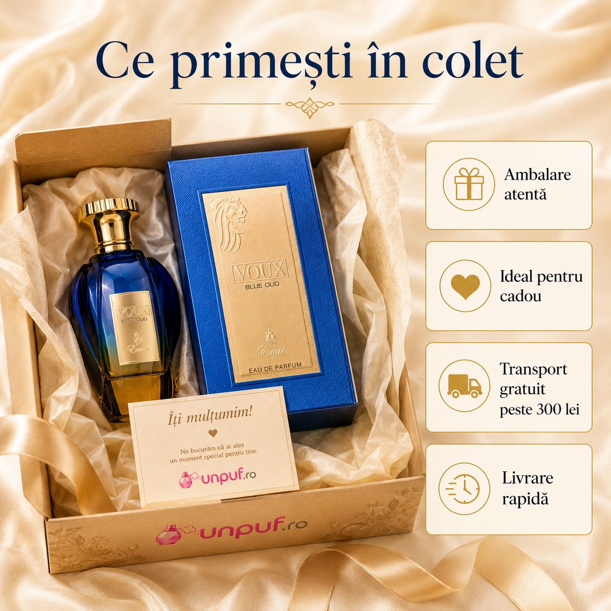 Ce primești în colet Voux Blue Oud Emir 100 ml, parfum original ambalat premium