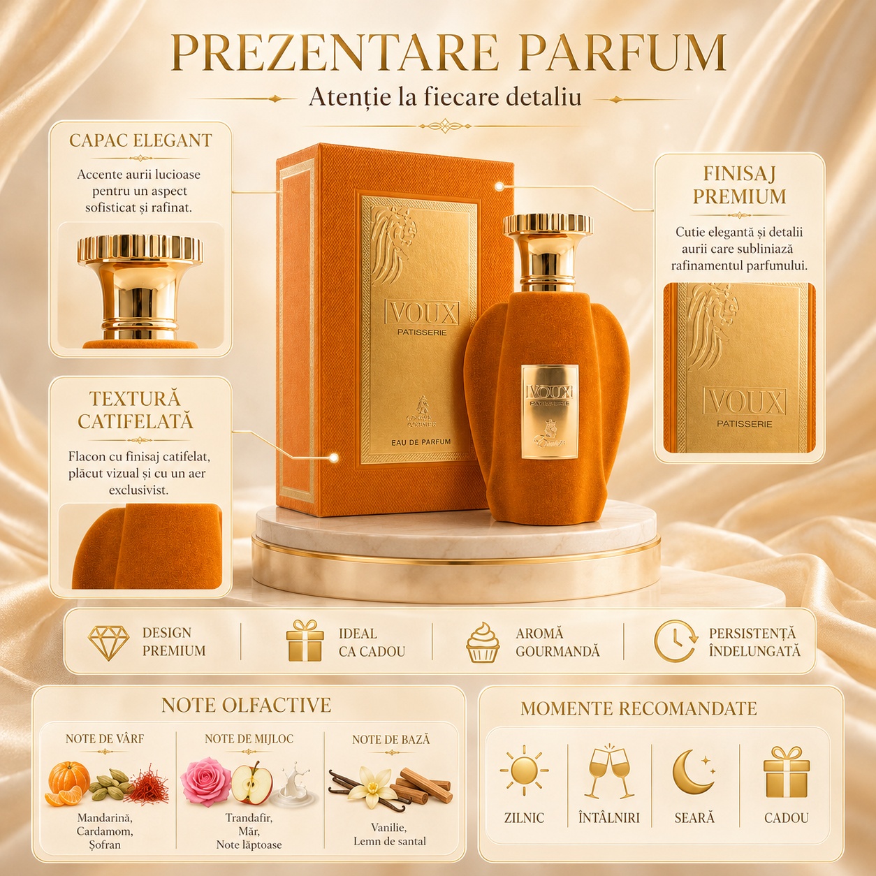 Voux Patisserie Emir prezentare parfum cu note de mandarină cardamom șofran trandafir măr lapte vanilie și santal
