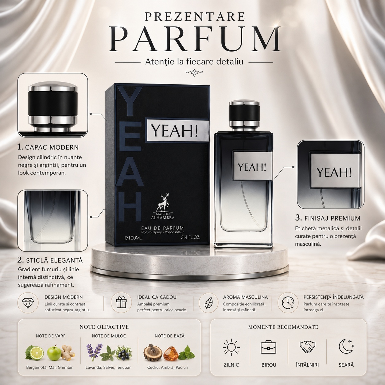 Prezentare parfum Yeah Man Maison Alhambra cu capac modern, sticlă elegantă, finisaj premium, aromă masculină și note olfactive