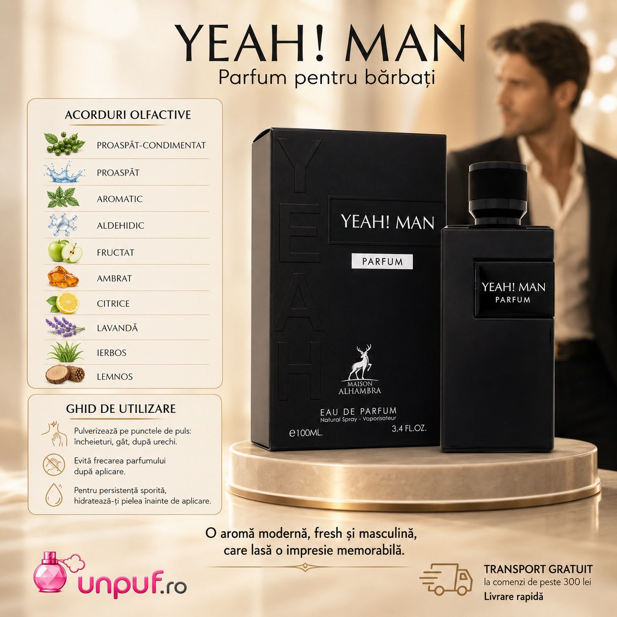 Ghid de utilizare Yeah Man Parfum Maison Alhambra parfum cu acorduri proaspăt condimentate, aromatice, aldehidice, fructate, ambrate, citrice, lavandă și lemnoase