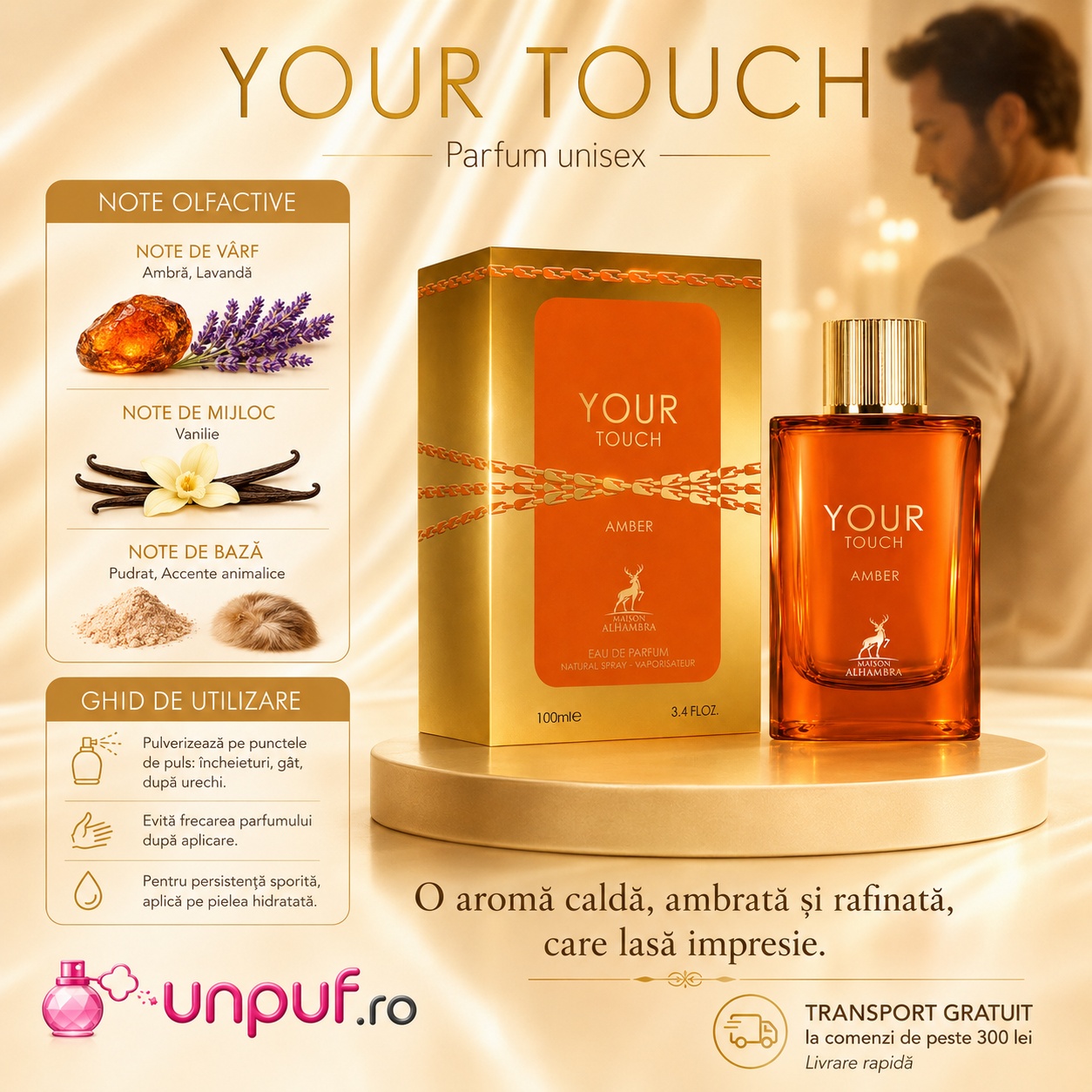 Ghid de utilizare Your Touch Amber Maison Alhambra parfum cu ambră, lavandă, vanilie, note pudrate și accente calde
