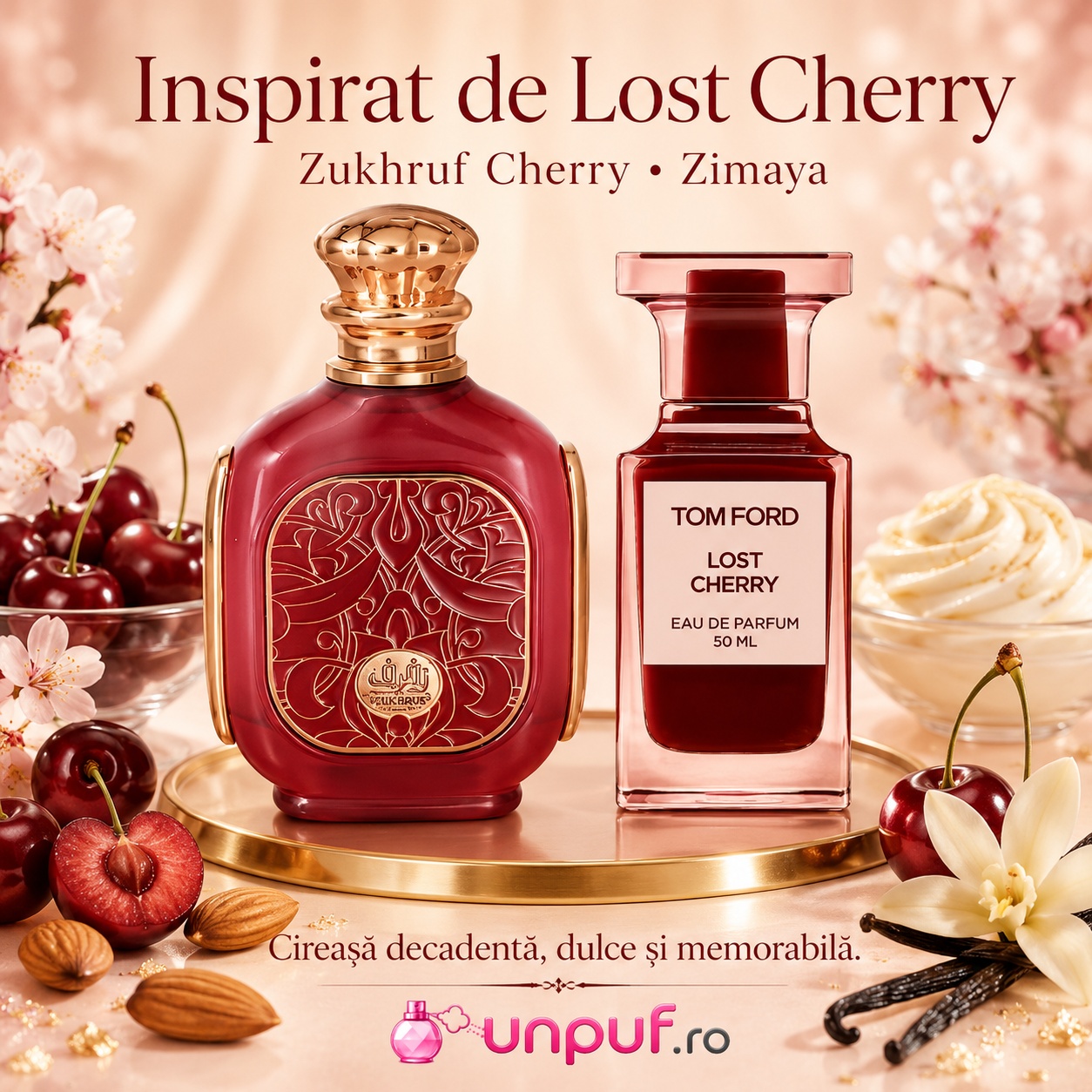 Zimaya Zukhruf Cherry inspirat din Lost Cherry TF parfum cu cireșe migdale amare vanilie și lichior de cireșe