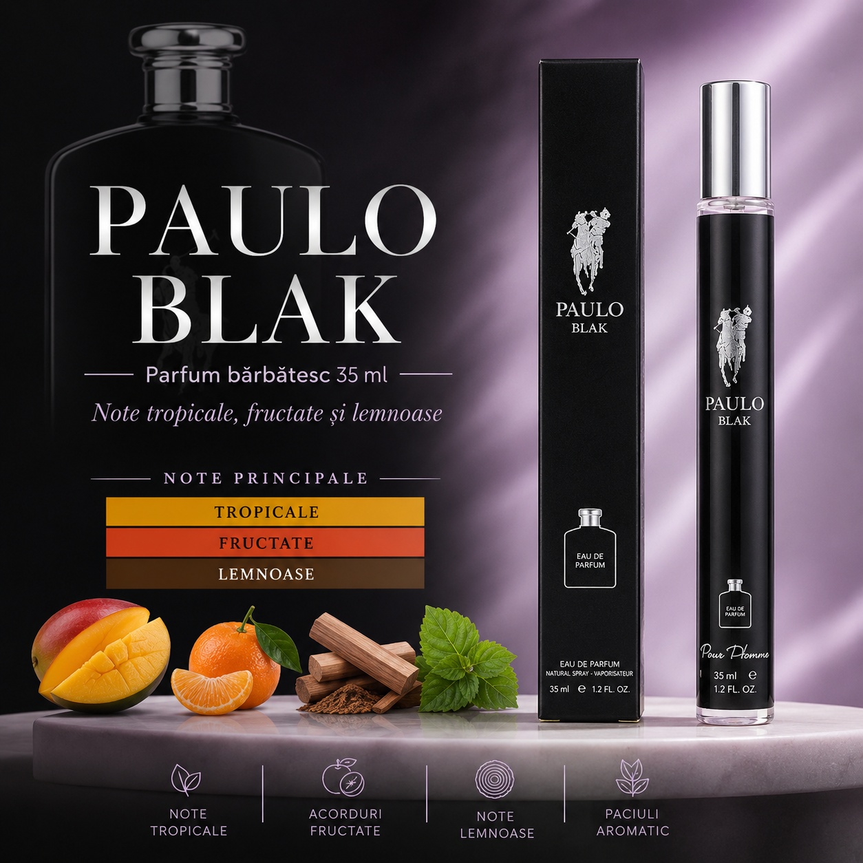 Paulo Blak 35 ml parfum bărbătesc cu note tropicale fructate și lemnoase