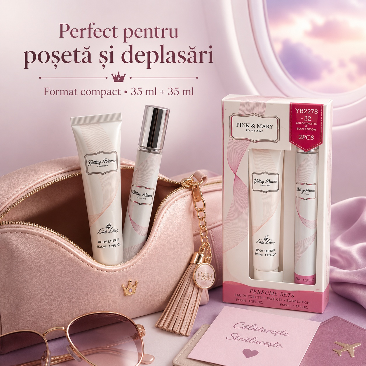 Pink and Mary Glitter Princess set damă 35 ml plus 35 ml, perfect pentru poșetă și deplasări