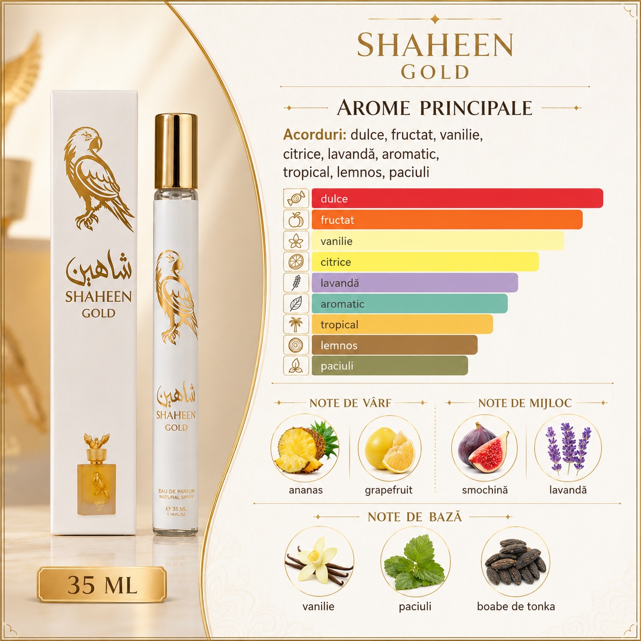 Arome principale Shaheen Gold 35 ml acorduri dulci fructate vanilate citrice lavandă tropicale lemnoase și paciuli